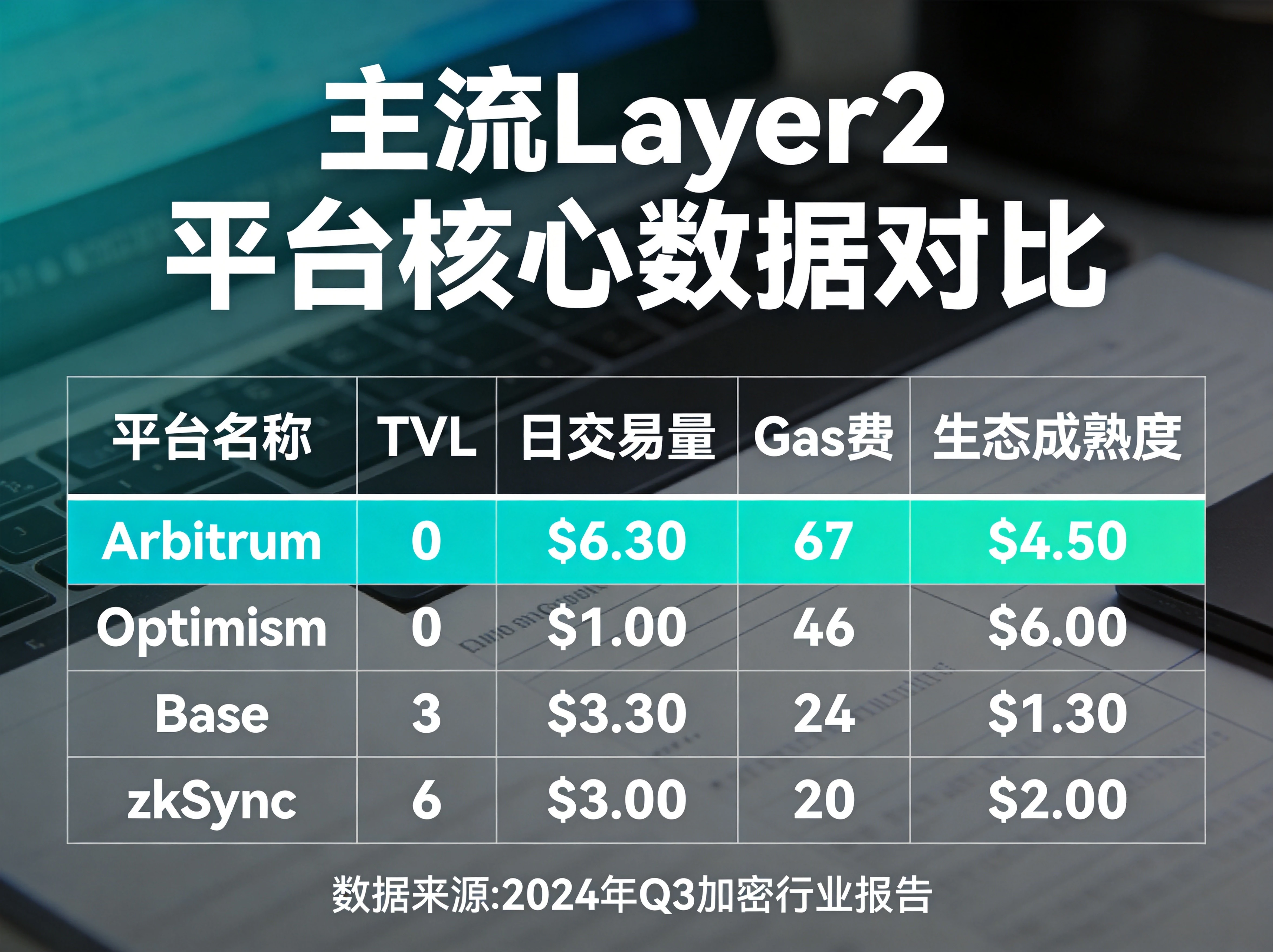 对比表格设计，横向对比Arbitrum、Optimism、Base、zkSync四个L2的TVL、日交易量、Gas费、生态成熟度数据