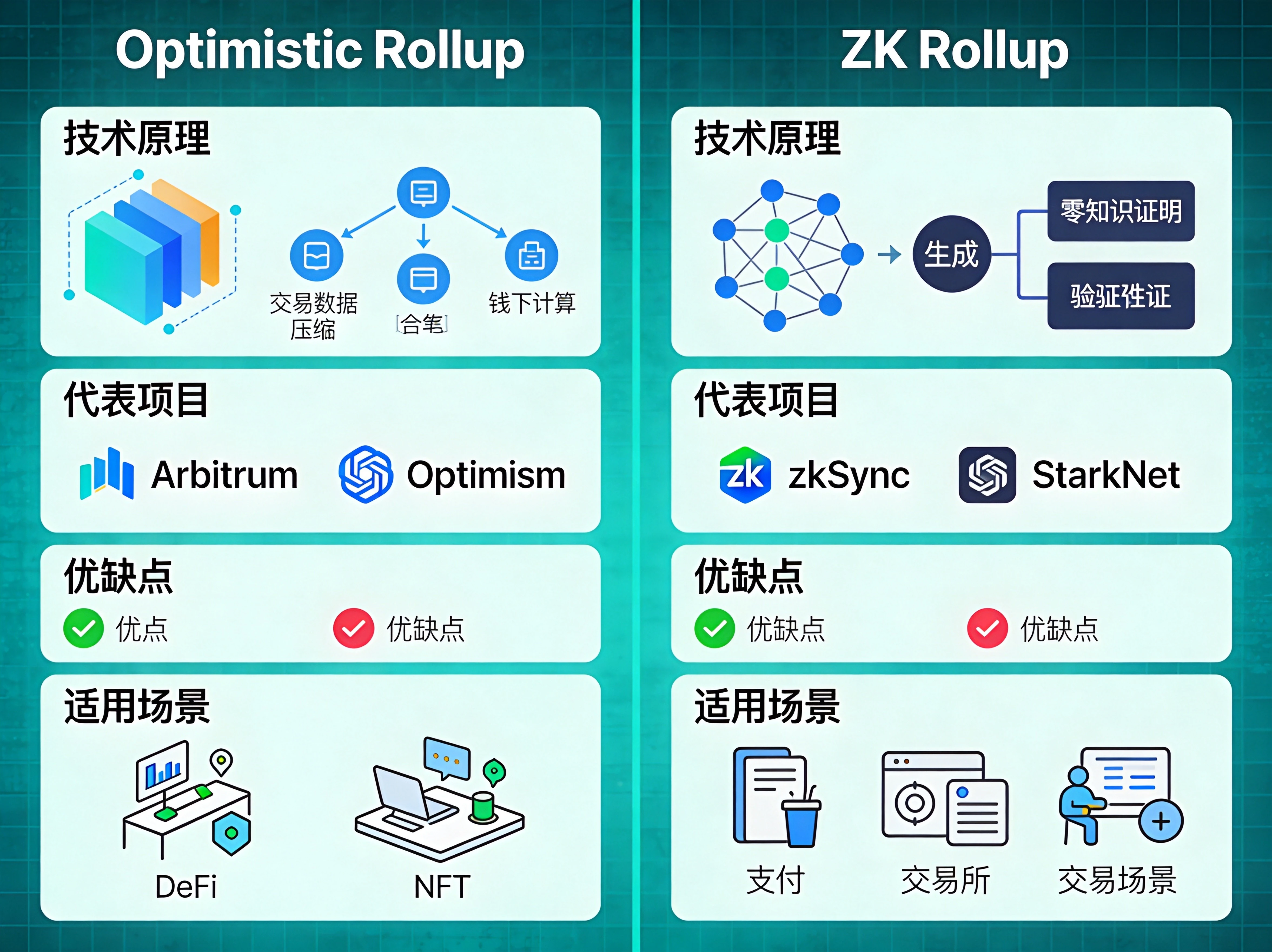 蓝绿色两栏对比设计,左栏Optimistic Rollup、右栏ZK Rollup,分别展示技术原理、代表项目、优缺点、适用场景 蓝绿色两栏对比设计,左栏Optimistic Rollup、右栏ZK Rollup,分别展示技术原理、代表项目、优缺点、适用场景