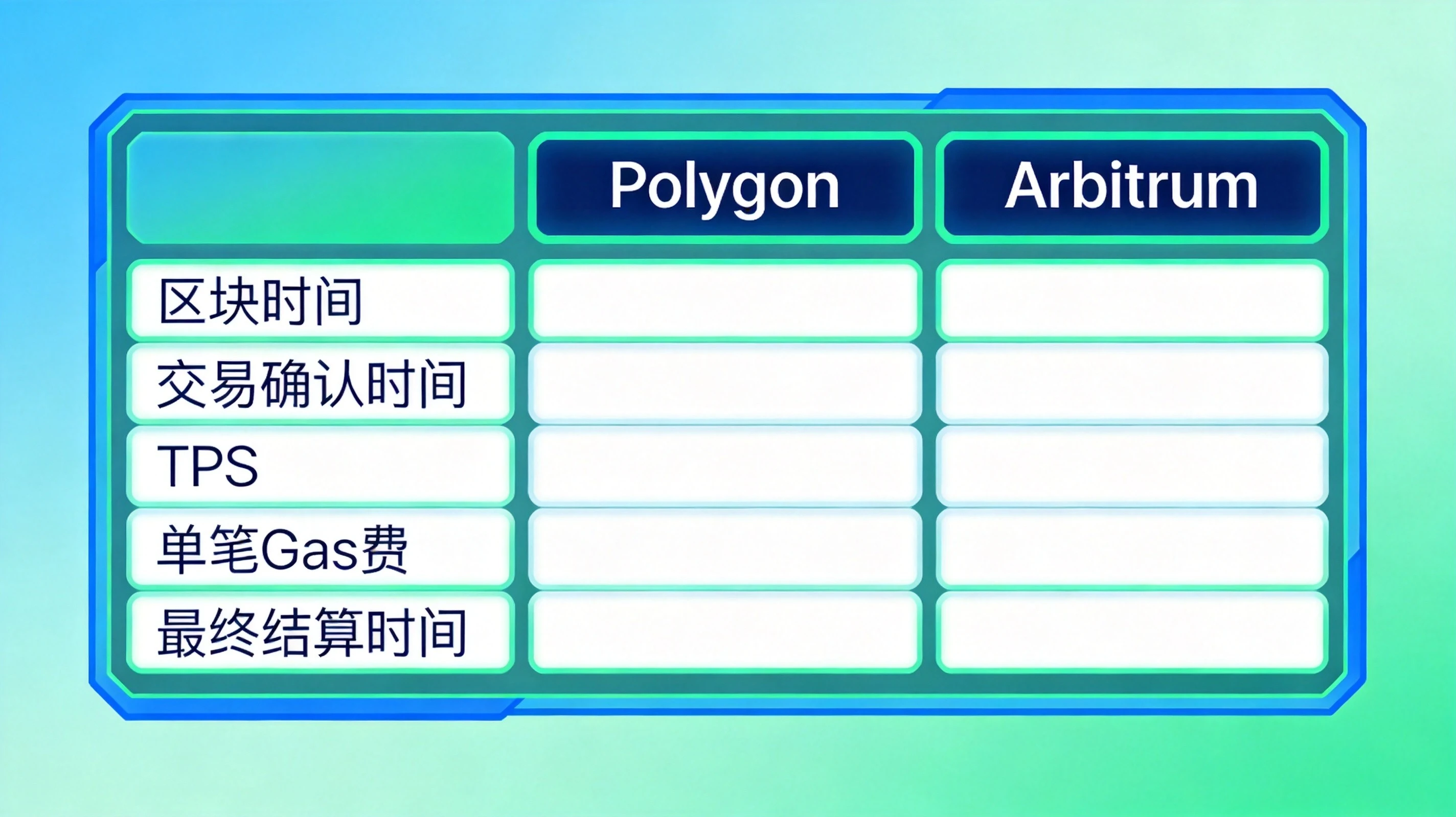 蓝绿色科技风格Layer2核心指标对比表，展示Polygon与Arbitrum的区块时间、确认时间、TPS、Gas费等核心数据对比