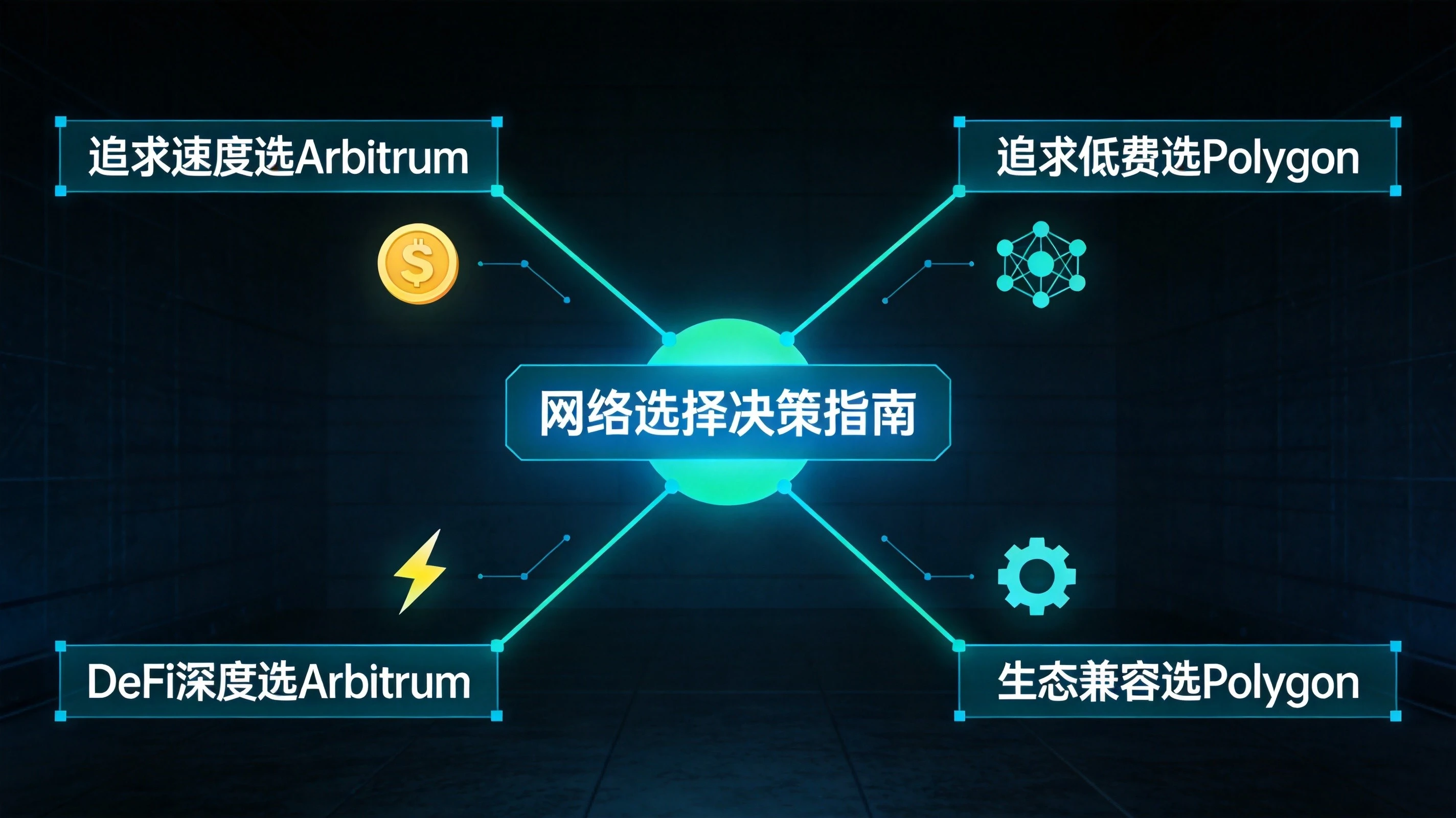 蓝绿色科技风格Layer2选择决策指南图，思维导图形式展示不同需求对应的推荐网络，逻辑清晰易懂